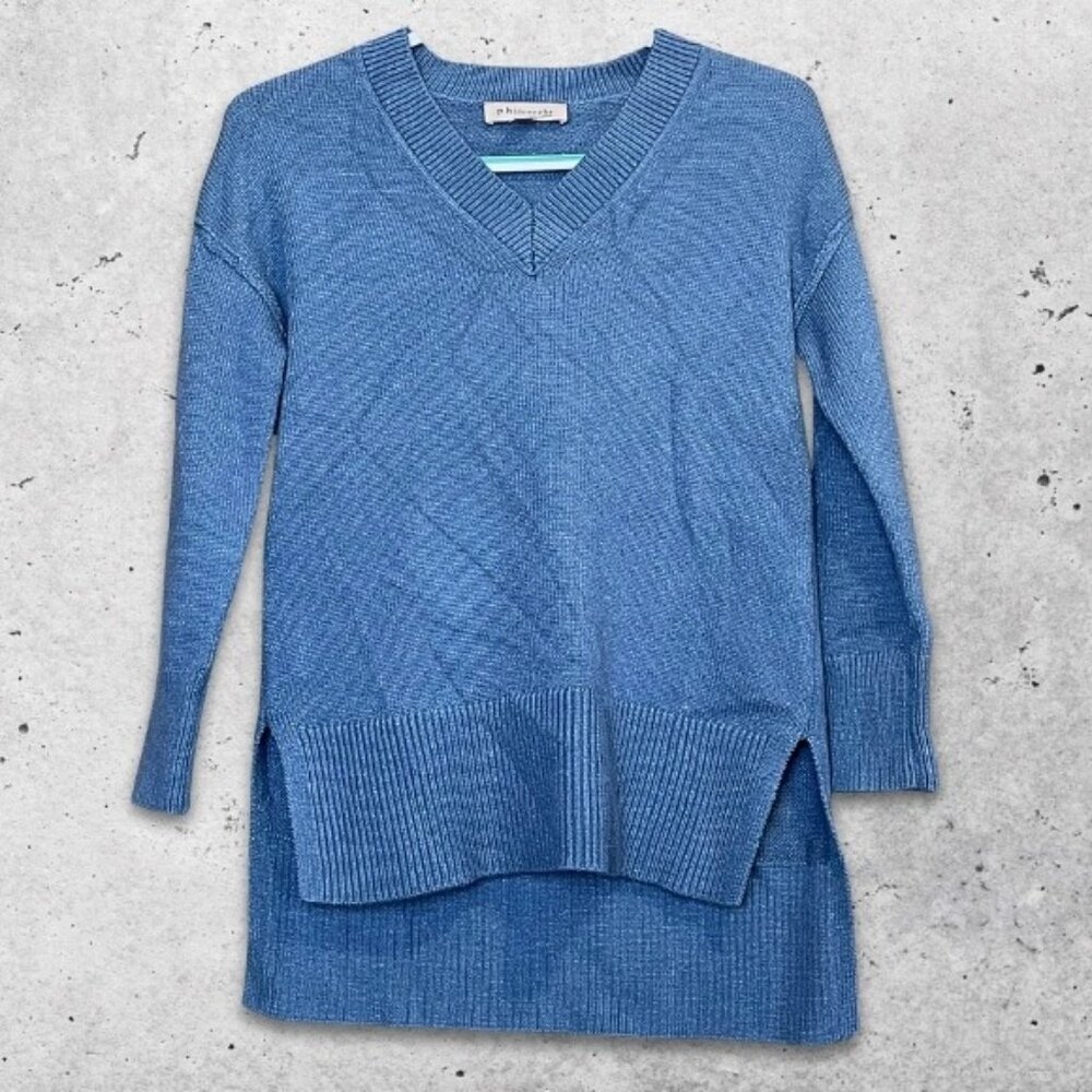 Philosophy Sweater V-Neck High Low‎ Hem Ribbed Cuffs Lightweight Blue Women's XS